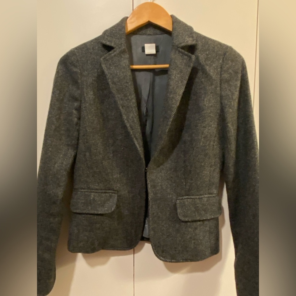 J. Crew shrunken blazer, gray herringbone, wool, size 2